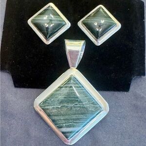 Mine Finds by Jay King - Sterling Green Line Onyx Pendant & Earrings Set - DTR